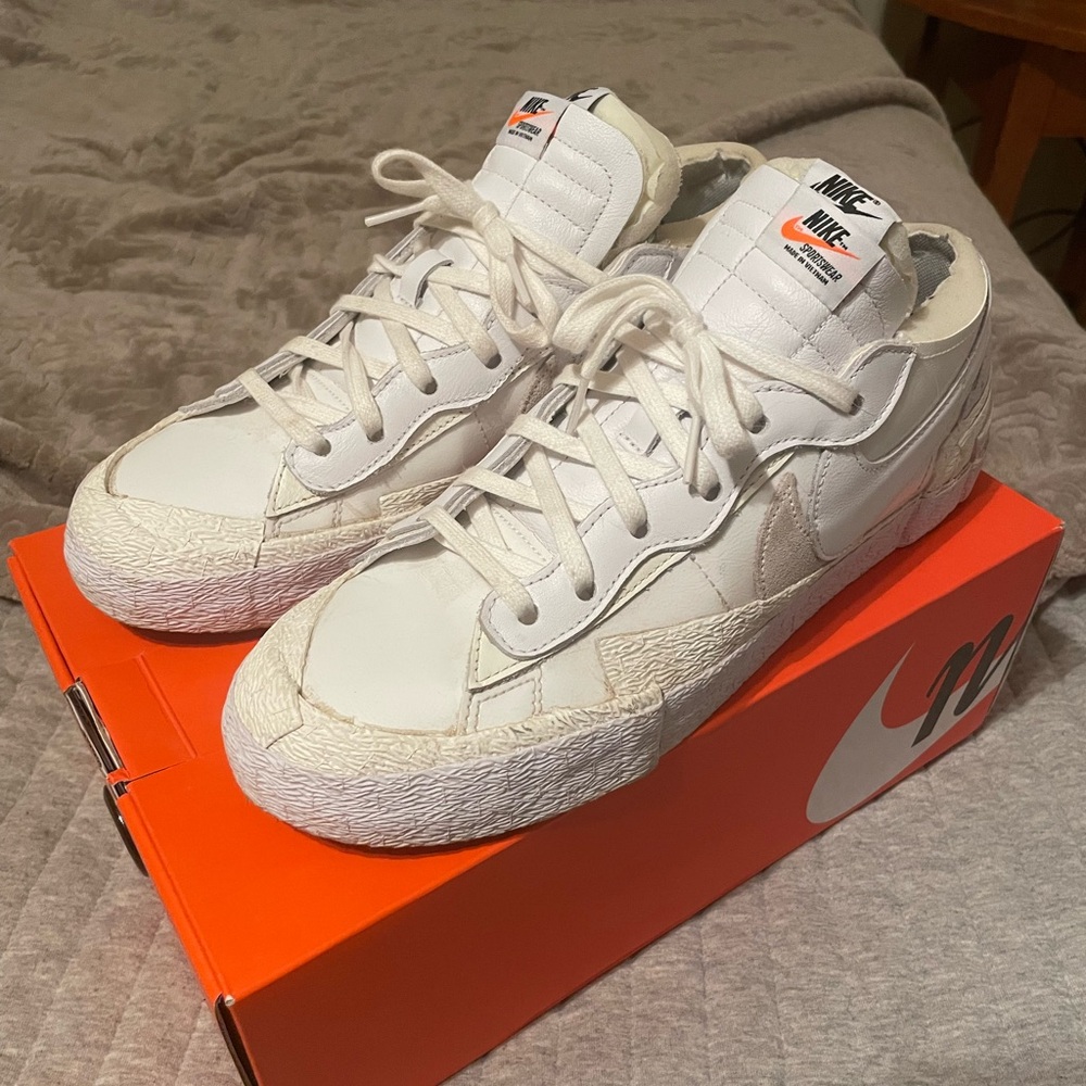 Nike Blazer x Sacai Low "White Patent Leather" Sneakers Mens Sz 10.5